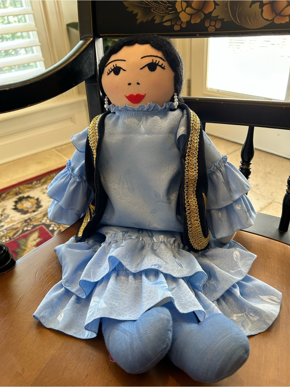 Vintage Handmade Blue Ruffled Cloth Doll in Central Asian Folk Costume